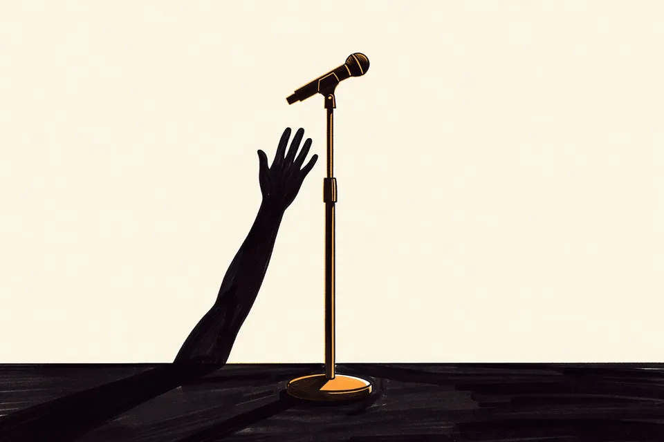 Close-up of a microphone stand on a dark stage, with a silhouetted hand reaching toward it, capturing the anticipation of a live performance.