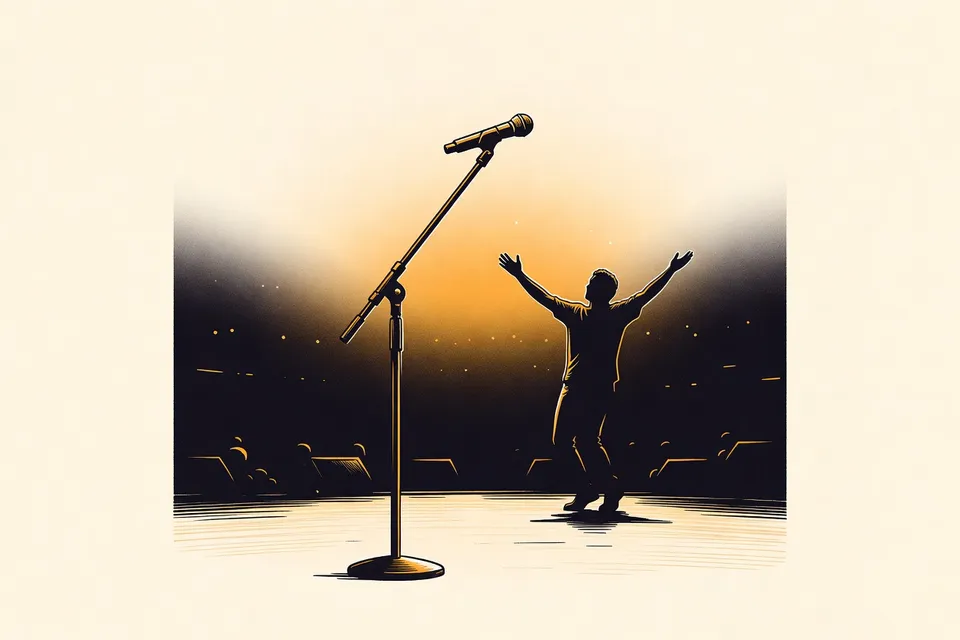 A microphone stand on a dark stage, with a warm glow from above and a silhouette of a performer with raised arms.